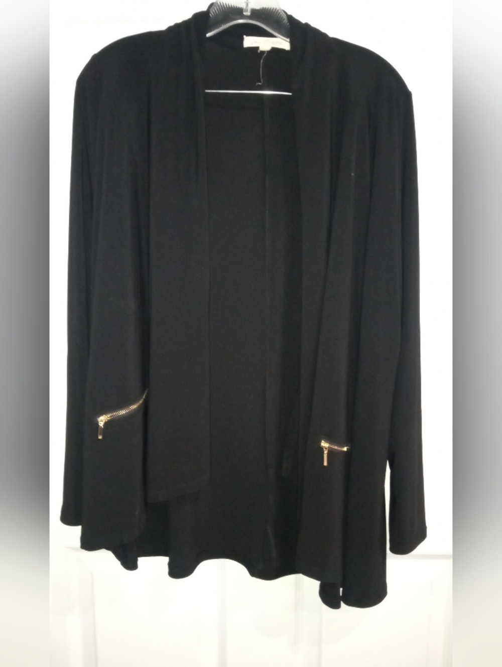 Women's Black Open-Front Cardigan with Gold Zipper Accents